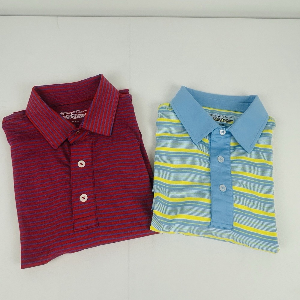 Lot of 2 Straight Down Golf Polo Shirts Men's Med Yellow/Blue Red/Blue Striped